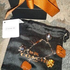 Coach Saddle Leather Tea Rose Bracelet With Box 2015 Brown Silver Gold